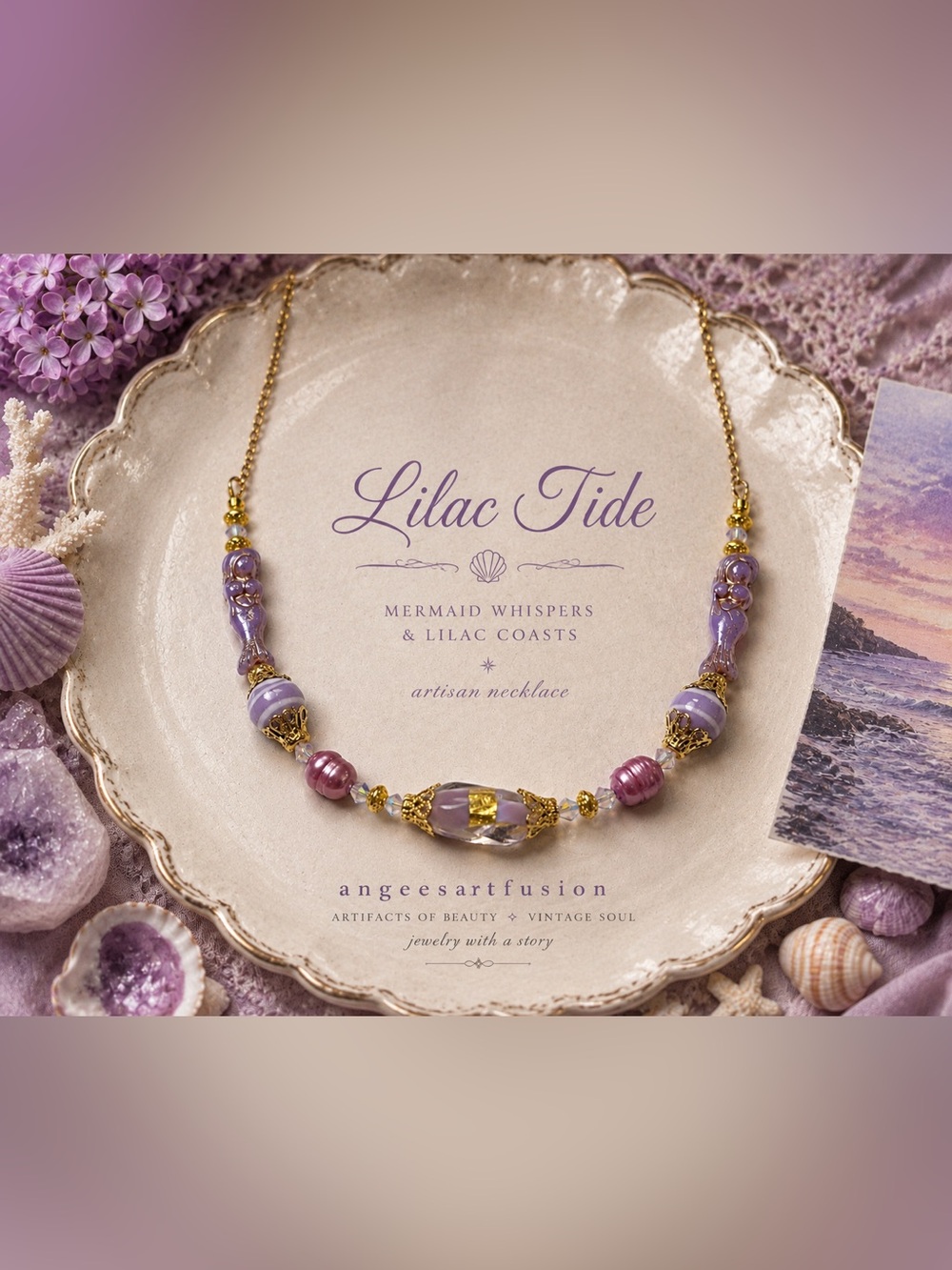 “Lilac Tide”- Czech Glass Mermaid Artisan Necklace Purple Gold
